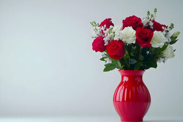 Red roses, white roses bouquet in vase, studio