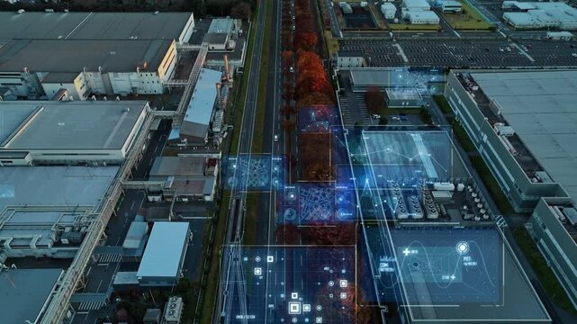 factory, industry, technology, iiot, manufacturing, construction, infrastructure, aerial view, drone, dx, digital, future, data, plant, industrial, transformation, gui, interface, platform, gps, smart