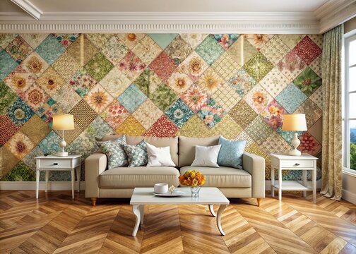 Aerial View Patchwork Living Room Wallpaper, Cream Skirting Boards