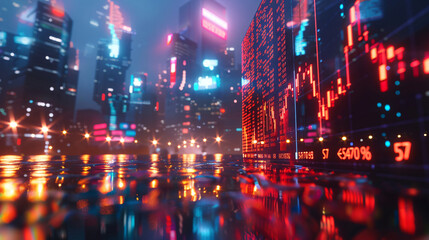 Fototapeta premium Global Financial Hub Concept A futuristic city skyline glowing with financial data and holograms of stock exchange indices.