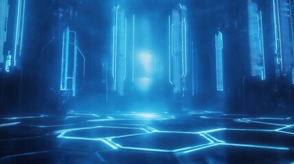 Obraz premium A futuristic, illuminated space with glowing hexagonal patterns and blue lighting.