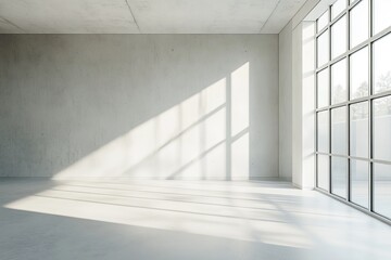 Obraz premium Sunlit empty industrial space, large window, trees