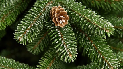 Frosty pine cone on evergreen branch, winter forest background, holiday card