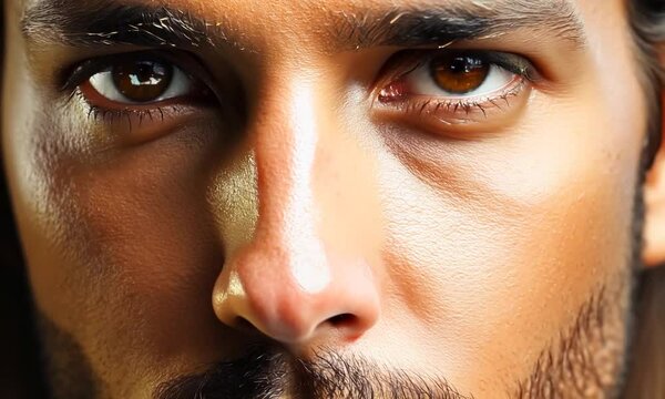 Close-up shot of a man's face morphing into a lion. The transformation starts with the eyes, and then the nose and mouth are slowly changed to reveal the lion's features.