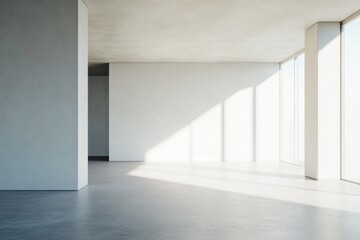 Fototapeta premium Sunlit modern empty office space, large windows, concrete floor, design mockup