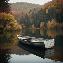 Obraz premium Small boat sits in a lake surrounded by trees. The water is calm and the sky is cloudy. The scene is peaceful and serene