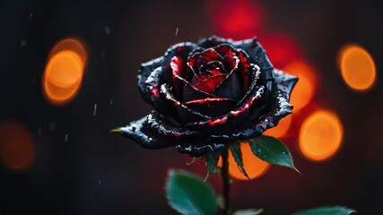 Black rose with red petals is shown in a blurry background