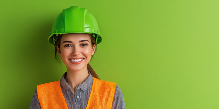 Smiling female engineer wearing green safety helmet and orange vest, standing against green background, exuding confidence and professionalism