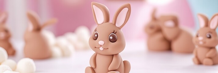 Naklejka premium A table adorned with numerous small chocolate rabbits, showcasing delightful treats perfect for festive celebrations or sweet indulgences.