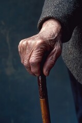 An elderly man with a walking cane, suggesting age-related mobility issues and the need for supportive care.