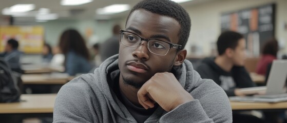 Obraz premium A thoughtful man in glasses sits at a crowded classroom, his chin resting on his hand, reflecting a moment of contemplation and student life dynamics.