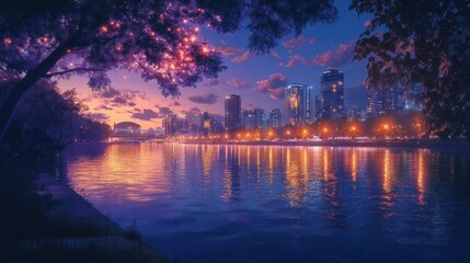 Obraz premium A serene riverside cityscape at dusk, with reflections on water and vibrant sky colors.