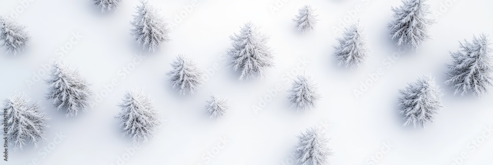 Aufkleber capturing an aerial view of snowy fir trees scattered across a pristine white landscape, creating a 