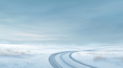 Obraz premium A winding road through a snowy landscape under a serene, cloudy sky.