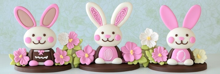 Fototapeta premium Three small plastic rabbits decorated in pink and white, placed on a table, add a playful touch to the setting.