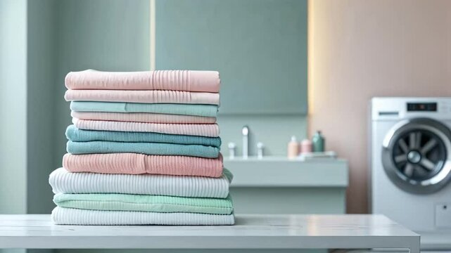 stack of clean clothes in the background washing machine