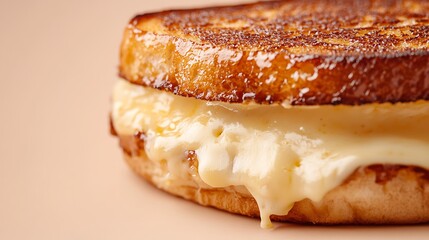 A close-up of a perfectly toasted sandwich with melted cheese, set on a pale beige background,