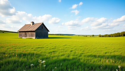 Obraz premium Wooden house on green meadow under blue sky