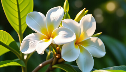 Fototapeta premium White flowers blooming against a green background, spring flowers