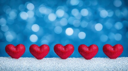 Fototapeta premium Red Glitter Hearts On Silver Glitter Background With Bokeh