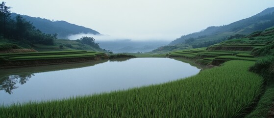 Lush, terraced rice paddies stretch into the misty horizon, illustrating serene natural beauty and traditional farming practices.