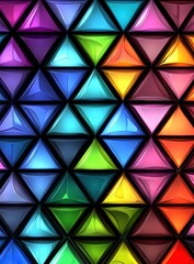 Abstract geometric pattern of colorful shapes, vibrant hues, glossy finish, 3D effect, graphic design, rainbow colors