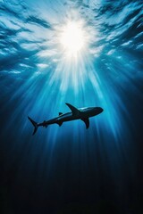 Fototapeta premium Hammerhead shark swimming through glowing underwater caves