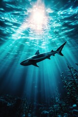 Obraz premium Hammerhead shark in a surreal underwater world with glowing plants