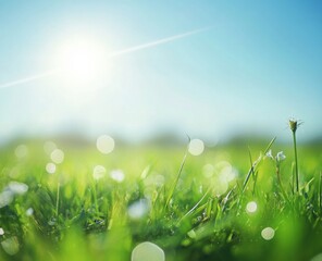 Obraz premium Sunny meadow sunrise, dew drops, bokeh background, nature scene