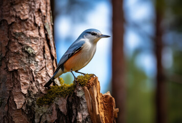 Fototapeta premium small bird perched on tree stump, showcasing its blue and orange feathers in natural forest setting. background features blurred trees, creating serene atmosphere