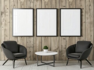 Three empty black frames hanging on a wooden wall with two armchairs and a small coffee table in front