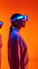 Fototapeta premium Woman VR headset future tech studio orange background
