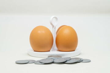Eggs with coins in front of them representing expensive eggs.