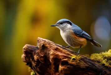 Obraz premium small bird perched on moss covered log, showcasing its blue gray feathers and orange underbelly. background features soft, blurred colors, creating serene atmosphere