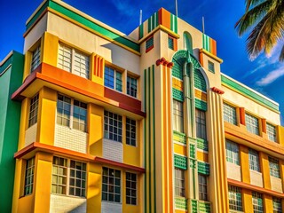 Obraz premium Art Deco Stucco Building Facade, Geometric Design, Architectural Detail, Vintage Style