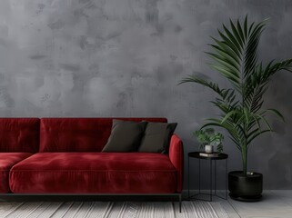 Red velvet sofa with black pillows in front of a grey textured wall with a houseplant