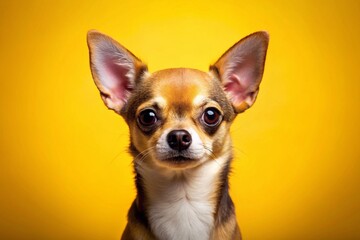 Obraz premium Attentive Chihuahua Dog on Yellow Background - Serious Expression, Pet Portrait