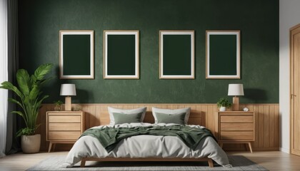 Cozy Modern Bedroom with Green Accent Wall and Elegant Furnishings, Ideal for Style and Comfort Lovers