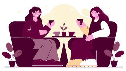 Modern Flat Design – Women Conversing Over Coffee in Dark Tones

