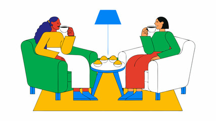 Flat Minimalist Illustration of Two Women Drinking Tea in Bright Colors
