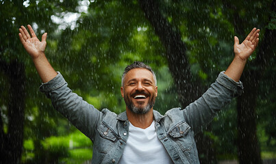 Excited man celebrating in a lush green park