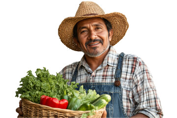 Smiling Hispanic farmer holding a basket of fresh vegetables, isolated. AI generated.  .