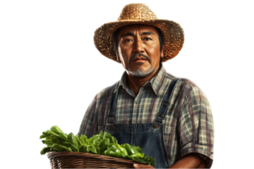 Serious Asian farmer holding a basket of fresh greens, isolated. AI generated.  .