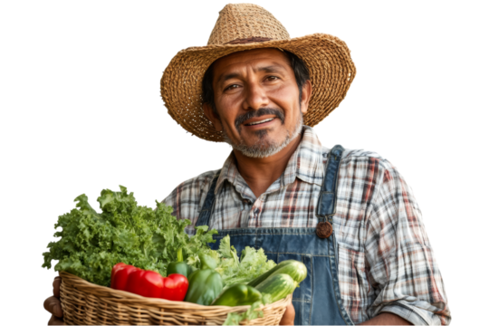 Smiling Hispanic farmer holding a basket of fresh vegetables, isolated. AI generated.  . - Powered by Adobe