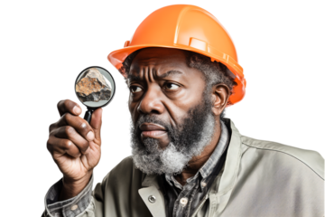African geologist examining a rock sample with a magnifying glass, isolated. AI generated.  .