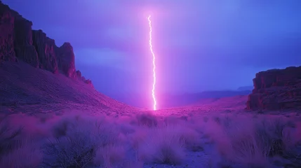 Fototapete Rund Pink lightning strikes desert landscape at dusk  surreal background © Budi