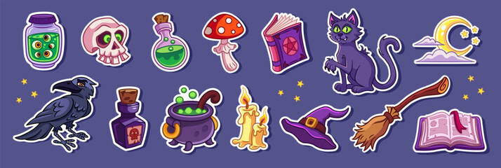 Witch magic items and Halloween elements. Halloween witchcraft objects cartoon stickers. Vector illustrations set. Witch hat, cat, crow, poison bottles, wizard cauldron and other things