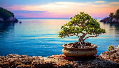 Flat stone, a bonsai tree in a pot, on the shore of a calm sea with a clear horizon, a meditative atmosphere for relaxation