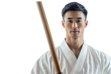 Japanese martial artist holding wooden staff in defensive stance, isolated. AI generated. .