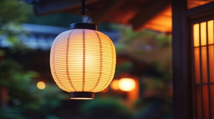 Fototapeta premium Warm glowing lantern illuminates a tranquil japanese evening scene in soft focus depth